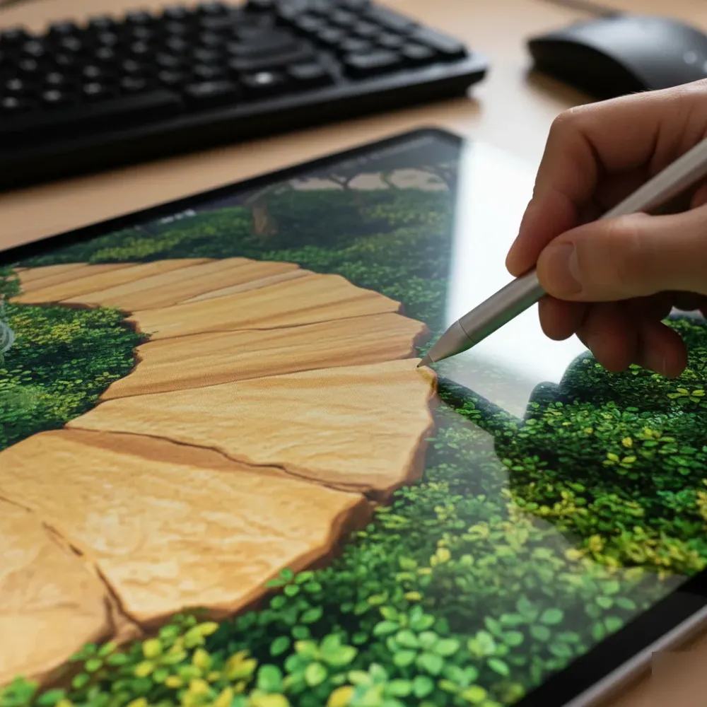 3d-planung-detail-stylus-gartenweg-screen-welzheim Hand using a stylus to trace a curved stone path on a photorealistic 3D garden planning screen.