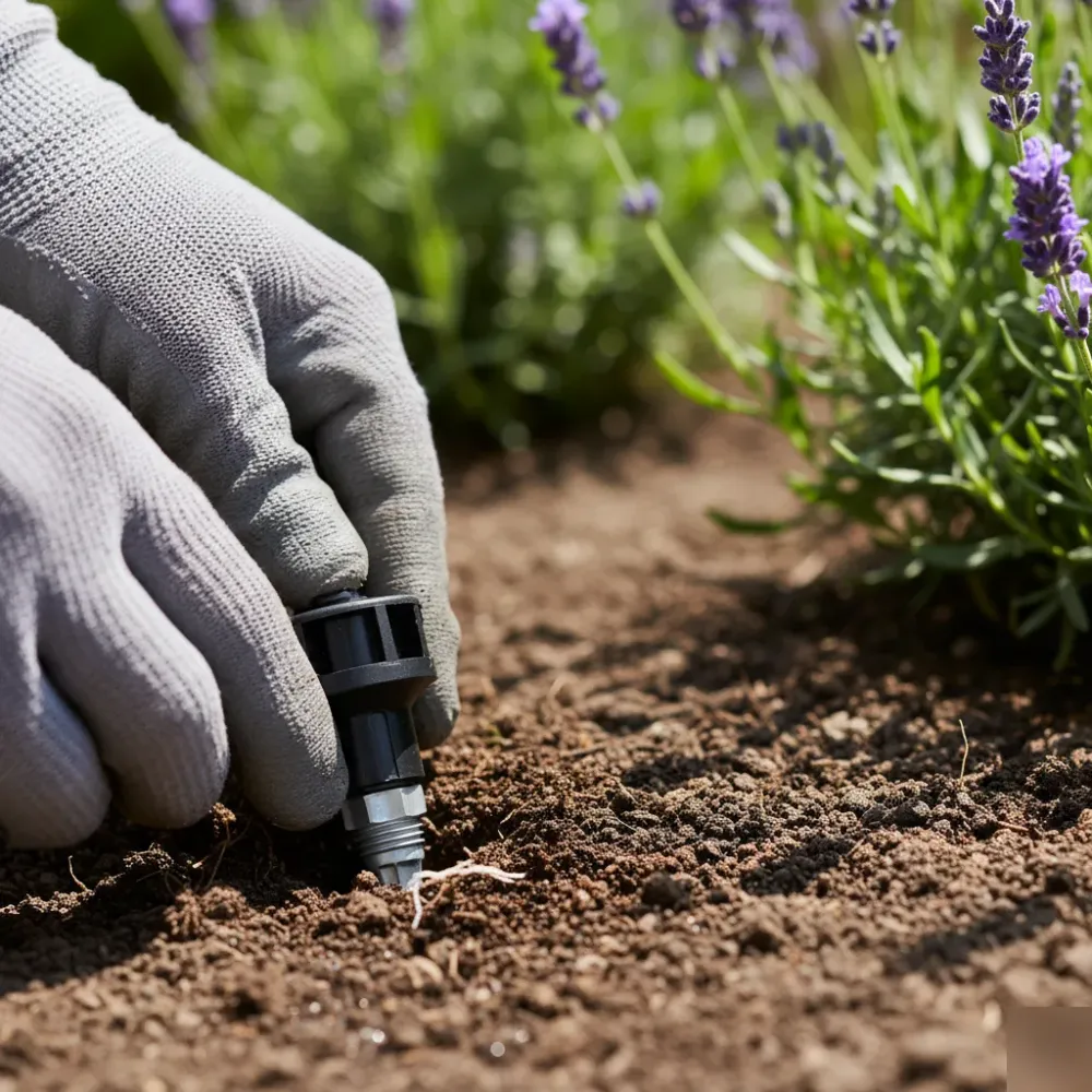 bewaesserungsanlage-tropfer-gartenerde-lavendel-welzheim Behandschuhte Hände setzen einen Bewässerungstropfer in dunkle Gartenerde neben einer Lavendelpflanze.