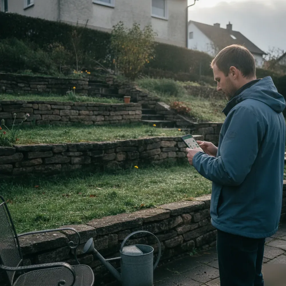 bewaesserungssteuerung-app-hanggarten-kunde-welzheim Gartenbesitzer prüft Bewässerungssteuerung App Hanggarten Welzheim