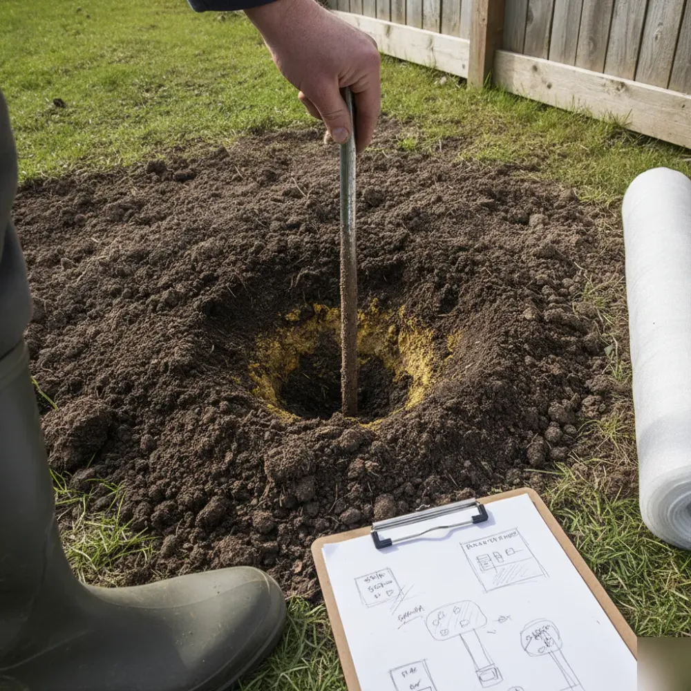 bodenanalyse-lehmboden-teichstandort-welzheim Hand drückt Bodensondierstab in lehmigen Gartenboden zur Standortprüfung für Teichbau.