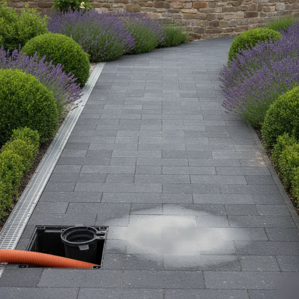 entwaesserung-pflasterflaeche-gartenweg-rinne-welzheim Entwässerungsrinne entlang fertigem Gartenweg mit Pflaster in Welzheim