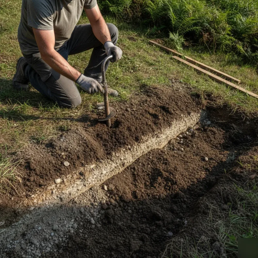 erdbohrer-hangboden-pfosten-zaunbau-welzheim Gartenbauer bohrt Pfostenloch in lehmigen Hangboden für Zaunbau in Welzheim.
