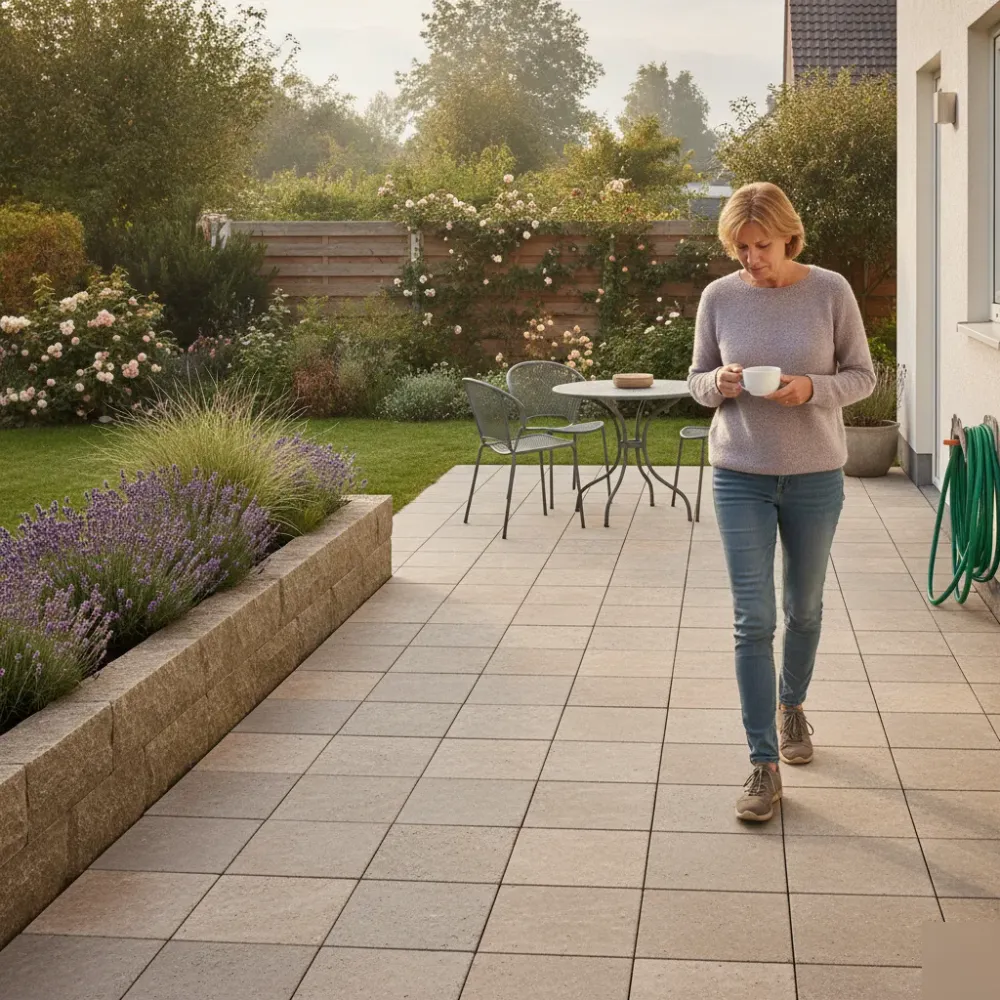 fertige-terrasse-quartzit-hausbesitzer-alltag-welzheim Hausbesitzer geht über fertige Quartzit-Terrasse in Welzheimer Wohngarten