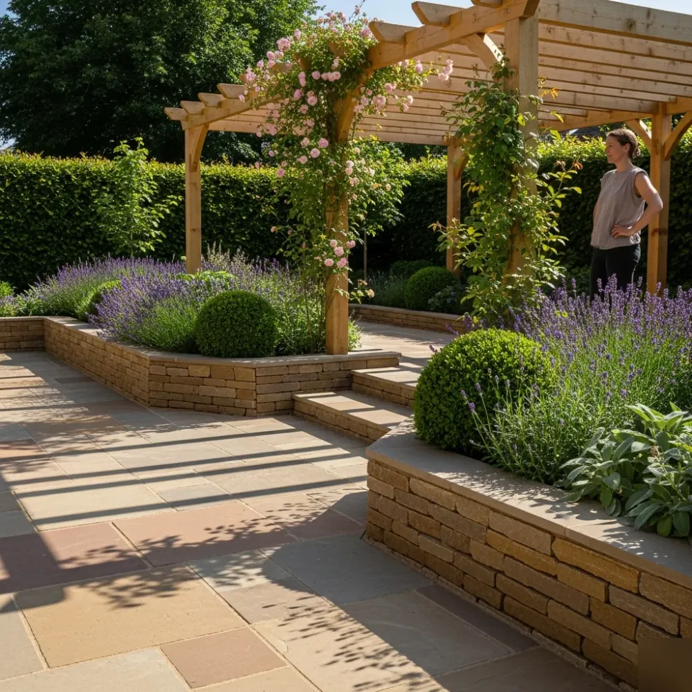 fertiger-garten-pergola-sandstein-bepflanzung-paul-dannenmann-strasse Completed garden with sandstone paving, timber pergola, climbing roses, and layered stone retaining walls in afternoon light.