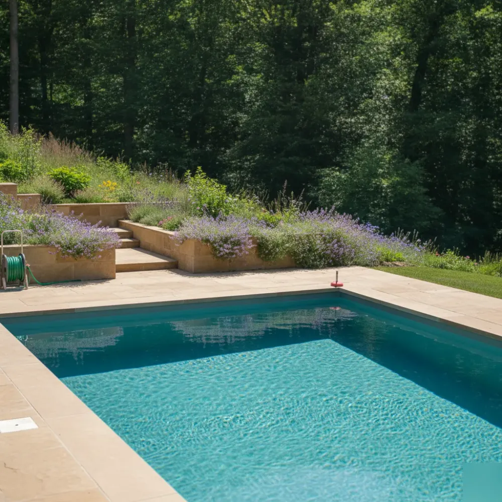 fertiger-swimmingpool-hang-naturstein-staudenbeet-welzheim Fertig gestalteter Swimmingpool mit Natursteinterrasse und Staudenbepflanzung in Welzheim