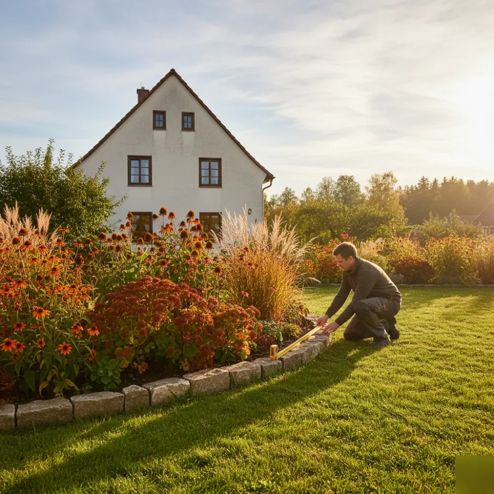 gartenplanung-vor-ort-aufmass-steinbeet-welzheim-region Person measuring a stone-bordered raised garden bed beside a stucco house in Baden-Württemberg afternoon light.
