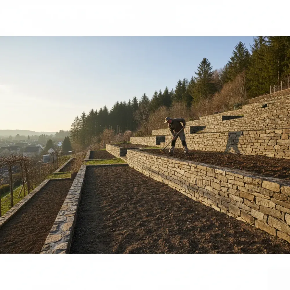 gartenumgestaltung-hanglage-terrassen-welzheim-wald Gärtner bearbeitet Hanglage mit Spaten auf terrassiertem Privatgrundstück vor Welzheimer Waldkulisse.