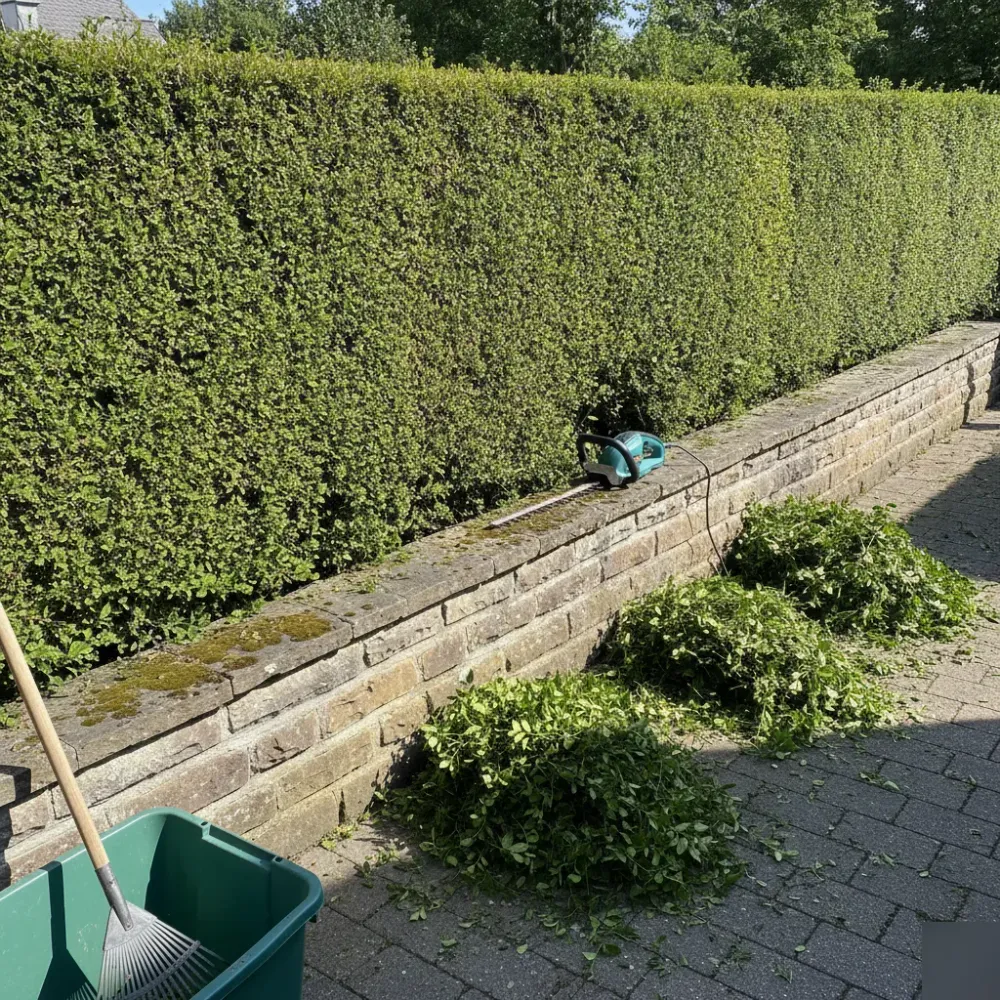 gehoelzschnitt-ligusterhecke-natursteinmauer-ergebnis-welzheim Frisch geschnittene Ligusterhecke an Natursteinmauer Garten Welzheim nach Gehölzschnitt