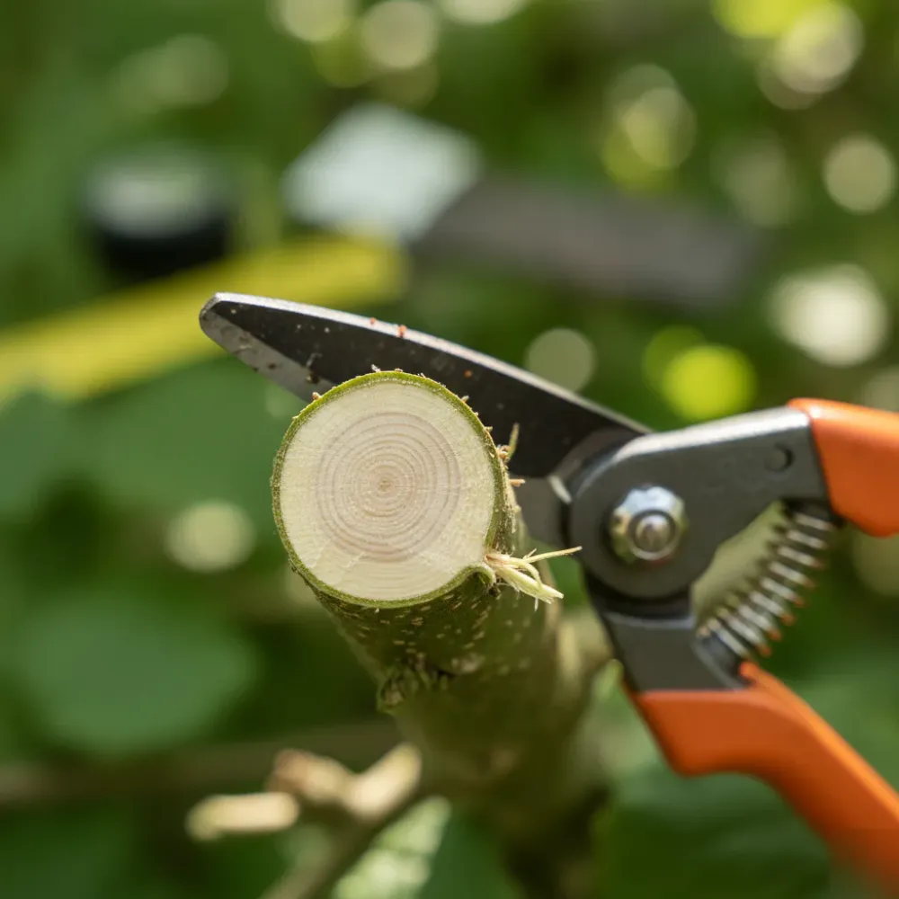 gehoelzschnitt-schnittstelle-haselstrauch-makro-welzheim Nahaufnahme frische Schnittstelle Haselstrauch Gartenschere Gehölzschnitt Welzheim