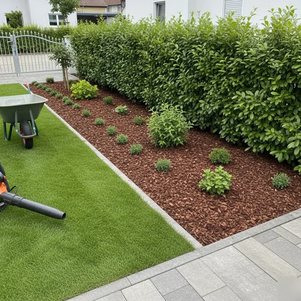 grundstueckspflege-ergebnis-rasenkante-hecke-rindenmulch-welzheim Frisch gepflegter Gartenbereich mit Rasenkante, gestutzter Hecke und Rindenmulch nach Grundstückspflege in Welzheim.