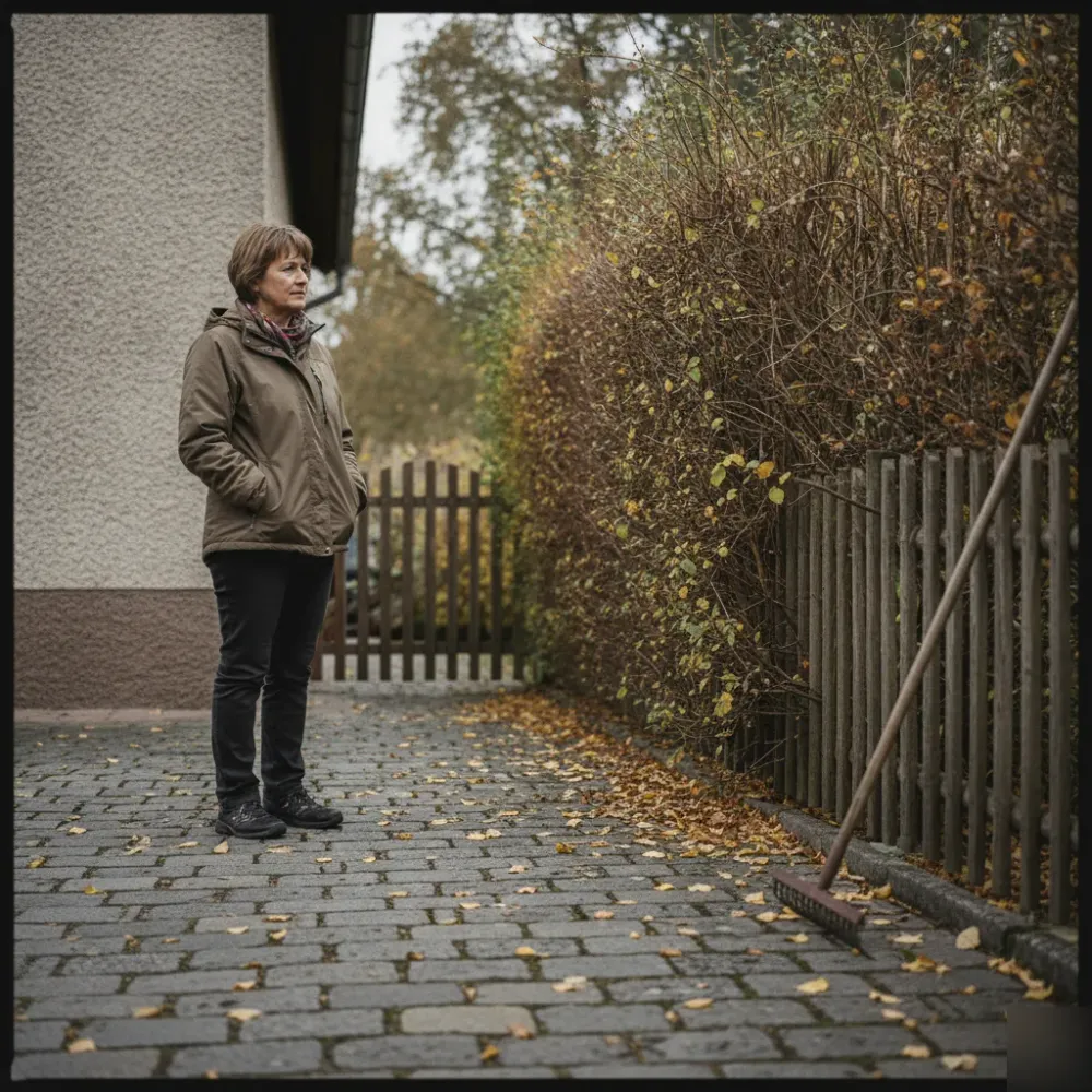 grundstueckspflege-herbst-einfahrt-hoehenlagen-welzheim Grundstücksbesitzerin betrachtet überwachsenen Strauch an Einfahrt im Herbst, Grundstückspflege Welzheim.