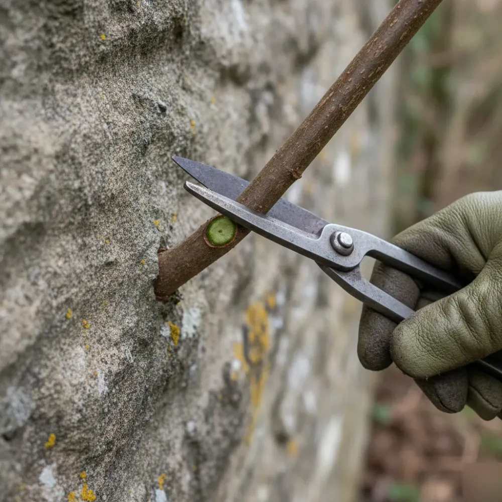 grundstueckspflege-strauchschnitt-naturstein-makro-welzheim Nahaufnahme behandschuhter Hand beim Strauchschnitt an moosbedeckter Natursteinmauer, Grundstückspflege Welzheim.