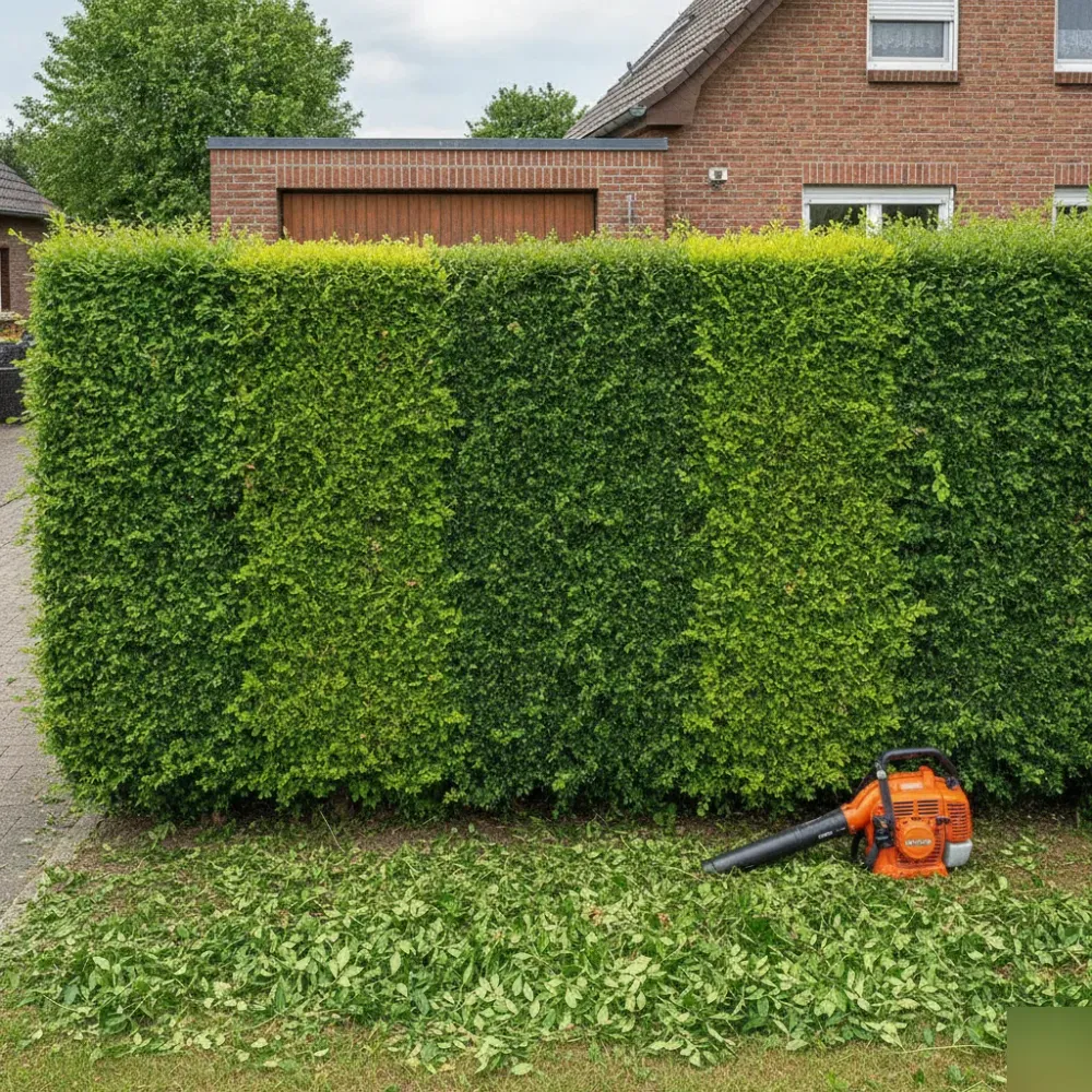 heckenschnitt-ergebnis-liguster-vorgarten-welzheim Frisch geschnittene Liguster-Hecke mit geraden Kanten vor Einfamilienhaus in Welzheim.