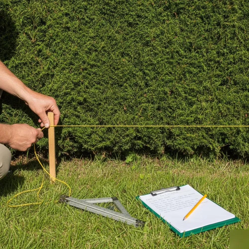 heckenschnitt-vorbereitung-schnur-eibe-welzheim Hände spannen Schnur entlang Eiben-Hecke zur Markierung der Schnittlinie in Welzheim.
