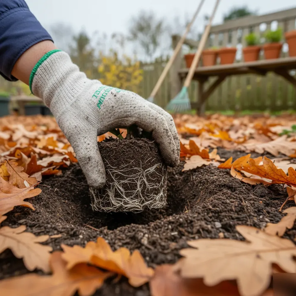 herbstpflanzung-staude-herbstboden-laub-privatgarten-welzheim Behandschuhte Hand setzt Staude in feuchten Herbstboden, umgeben von buntem Laub im Privatgarten.