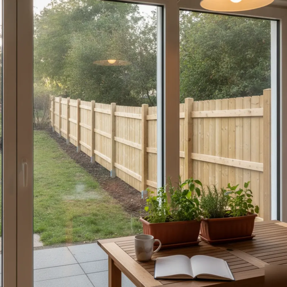 holzzaun-fichtenholz-garten-blick-terrasse-welzheim Blick durch Glasschiebetür auf fertig gebauten Holzzaun aus Fichtenholz im Garten in Welzheim.