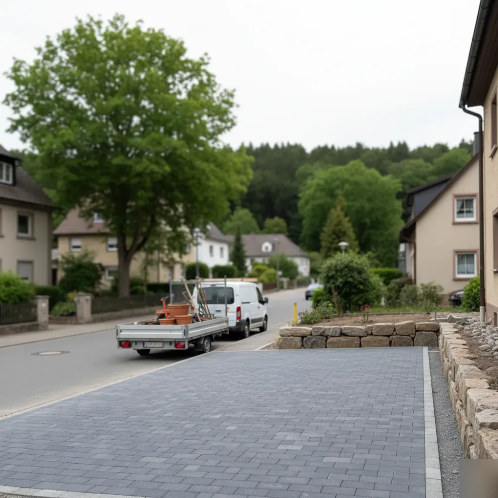 landschaftsbau-einfahrt-pflaster-naturstein-welzheim Frisch gepflasterte Einfahrt mit Natursteinmauer vor einem Wohnhaus in Welzheim, Arbeitsfahrzeug am Straßenrand.