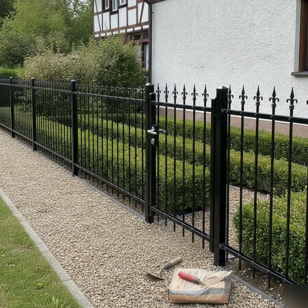 metallzaun-fertig-montiert-vorgarten-welzheim Fertig montierter Metallzaun mit Zierspitzen vor Welzheimer Einfamilienhaus.