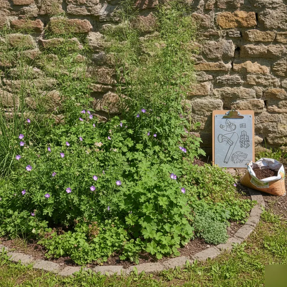 naturnahes-staudenbeet-ergebnis-bruchsteinmauer-welzheim Fertig bepflanztes naturnahes Staudenbeet mit Storchschnabel und Bruchsteinmauer in einem Garten in Welzheim.