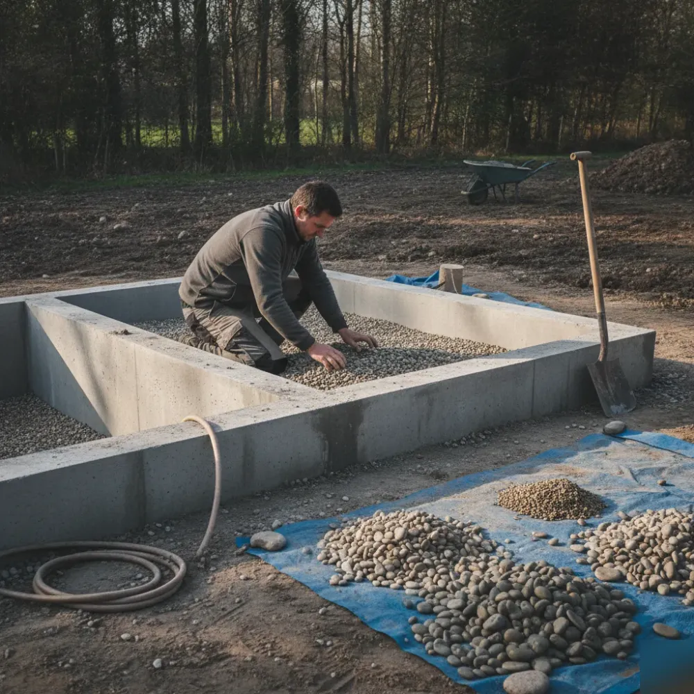 naturpool-biologischer-filter-kies-einbau-welzheim Gartenbauer verlegt Filterkies in biologische Filterzone eines Naturpools in Welzheim.
