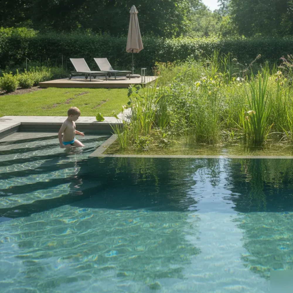 naturpool-erste-badesaison-natursteintreppe-kind-welzheim Kind watet in fertiggestelltem Naturpool in Welzheim mit Natursteintreppe und Wasserpflanzen.