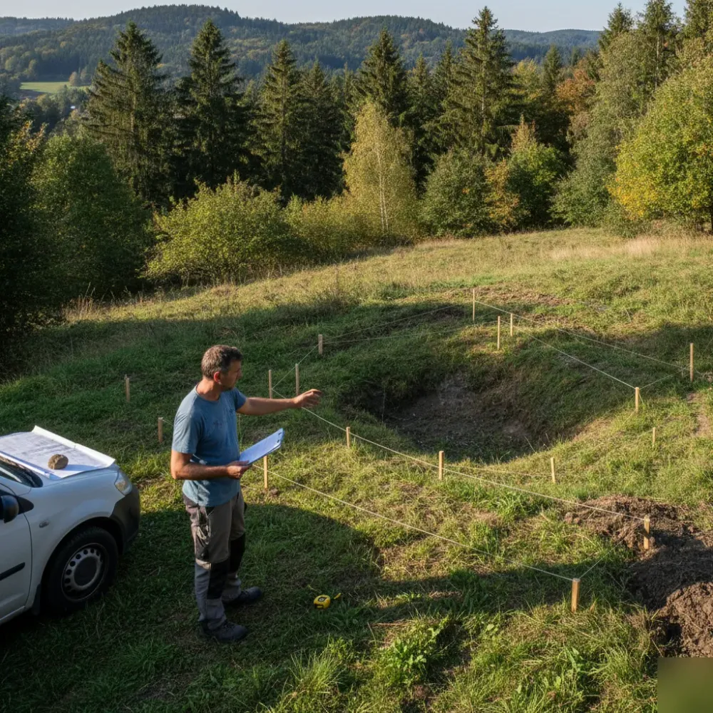 naturpool-planung-hanggrundstück-absteckung-welzheim Gartenbauer vermisst Hanggrundstück in Welzheim für Naturpool-Planung mit Bauplan.
