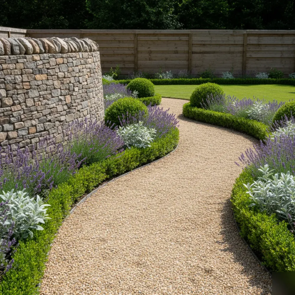 privatgarten-fertig-kiesweg-lavendel-naturstein-welzheim Fertig gestalteter Privatgarten mit geschwungenem Kiesweg, Lavendel und Natursteinmauer in Welzheim.