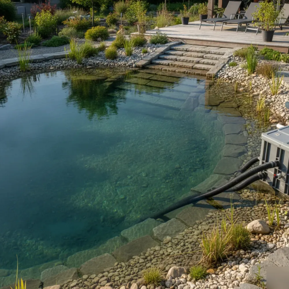 schwimmteich-fertig-naturstein-filteranlage-welzheim Fertig angelegter Schwimmteich mit Natursteintreppe und Filteranlage in Welzheim.
