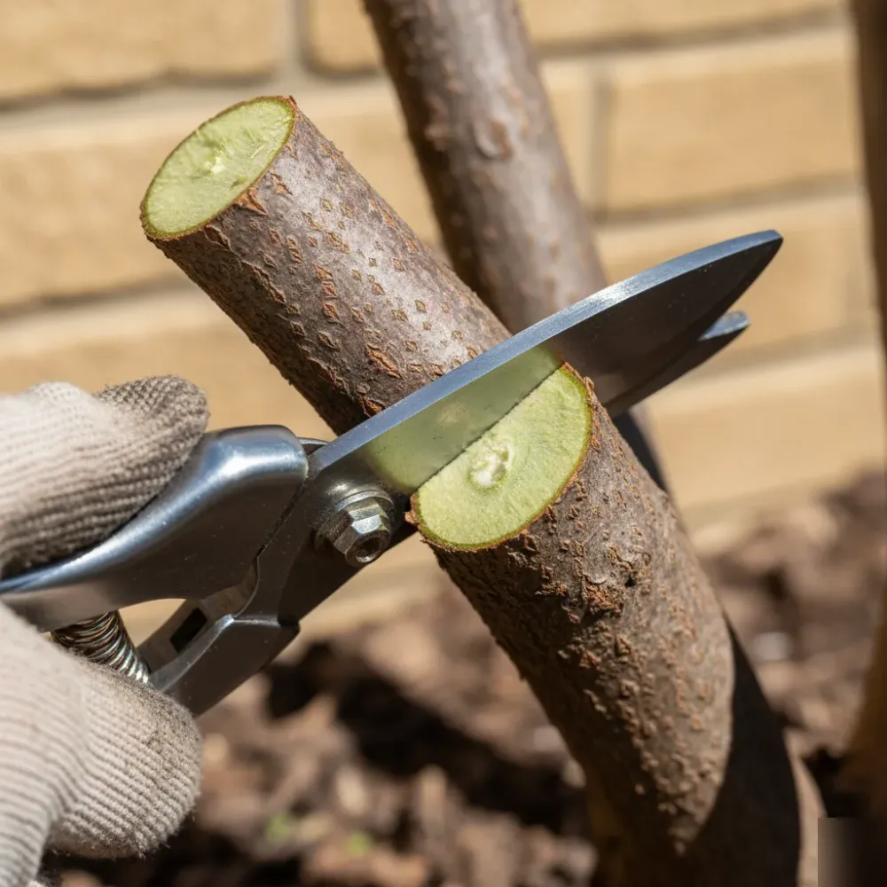 strauchschnitt-gartenschere-nahaufnahme-welzheim Nahaufnahme einer behandschuhten Hand, die mit einer Gartenschere einen Strauchast an einer Steinmauer abschneidet.