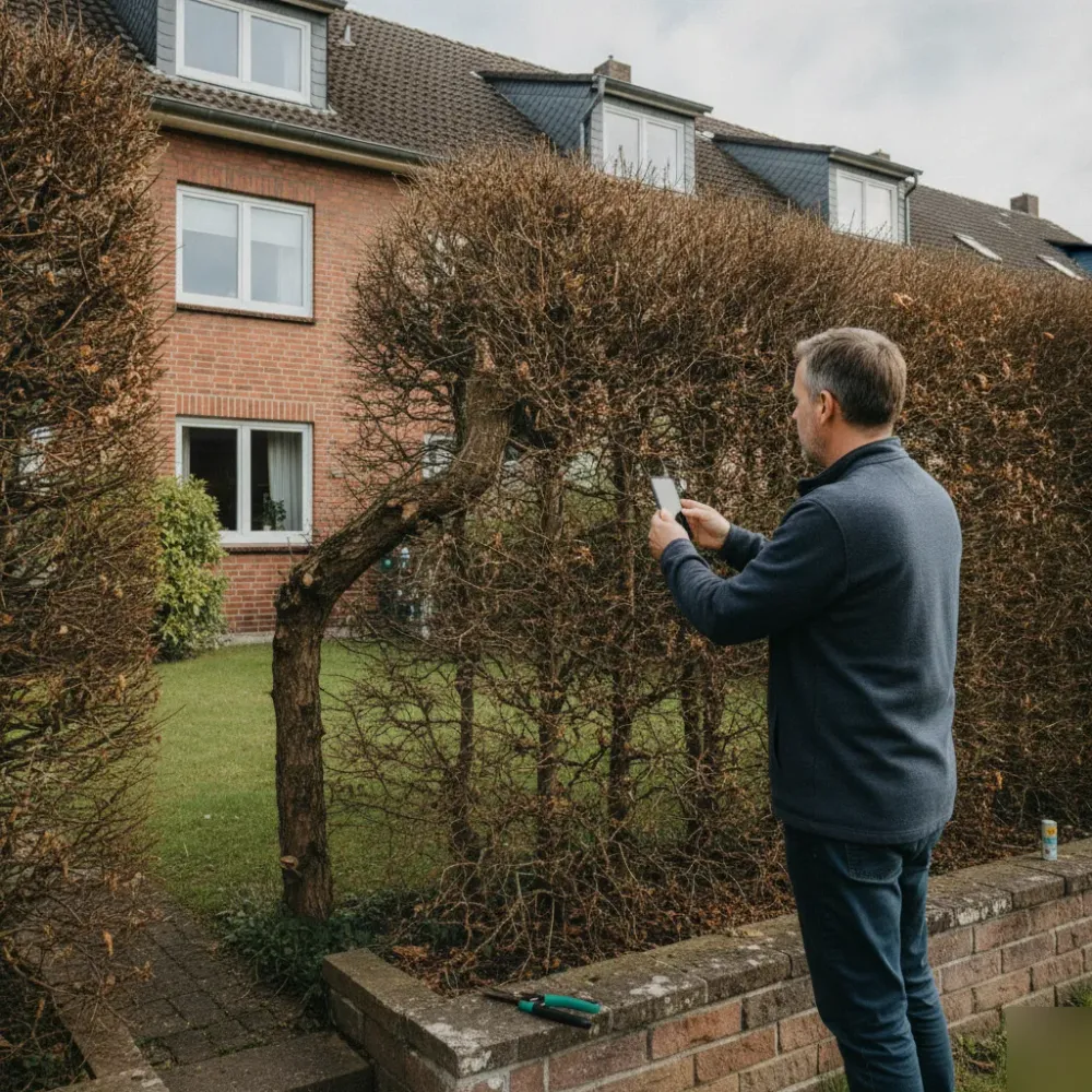 ungepflegte-hecke-hainbuche-vorgarten-welzheim Person betrachtet ungepflegte Hainbuchen-Hecke mit kahlen Stellen vor Reihenhaus in Welzheim.
