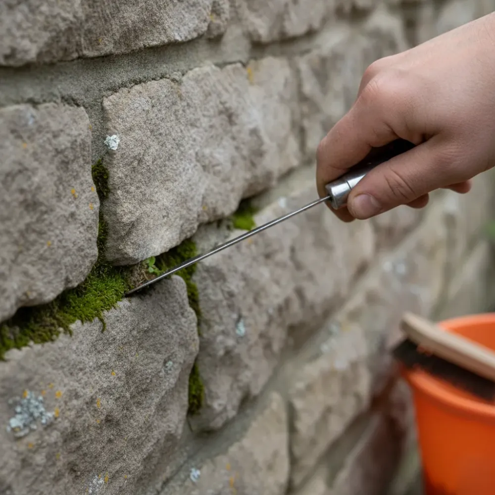 unkraut-steinfuge-natursteinmauer-gartenpflege-welzheim Nahaufnahme Unkrautentfernung aus Steinfuge bei Gartenpflege Welzheim