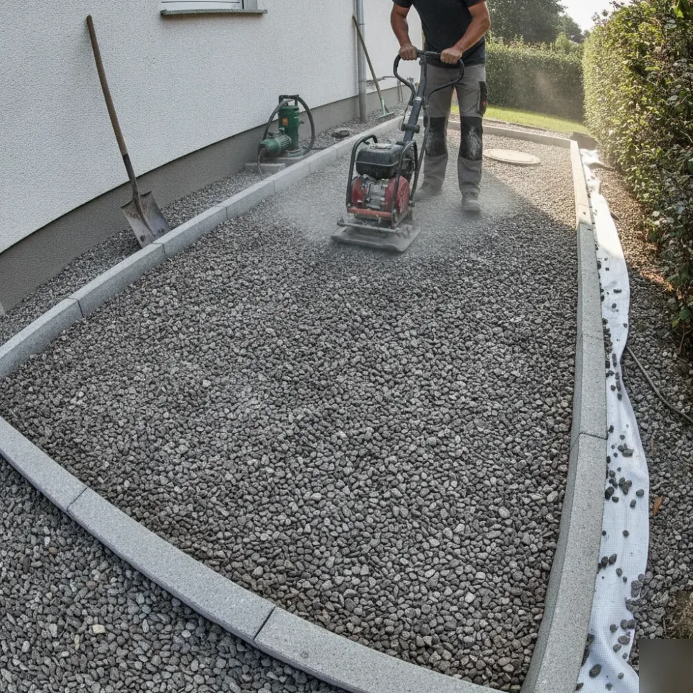 untergrundvorbereitung-schotterbetverdichtung-kunstrasen-welzheim Gartenbauer verdichtet Schotterbett mit Rüttelplatte als Untergrundvorbereitung für Kunstrasen.