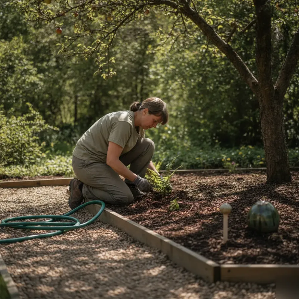 waldrandgarten-halbschatten-farne-hausbesitzer-welzheim Hausbesitzer betrachtet neu gepflanzte Farne in einem halbschattigen Waldrandgarten in Welzheim.