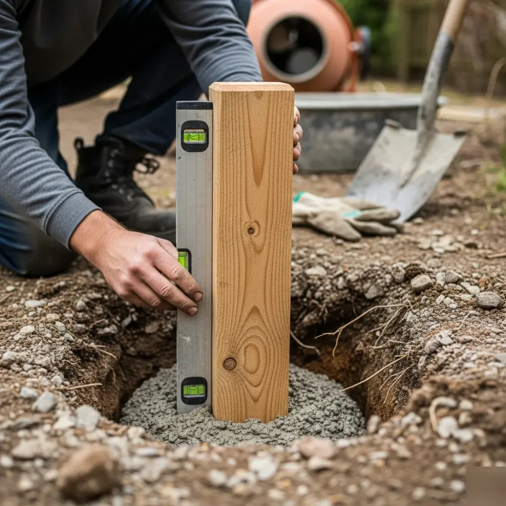 zaunpfosten-kiefernholz-hanglage-beton-welzheim Gartenbauer richtet Zaunpfosten aus Kiefernholz mit Wasserwaage in steinigem Hangboden in Welzheim aus.