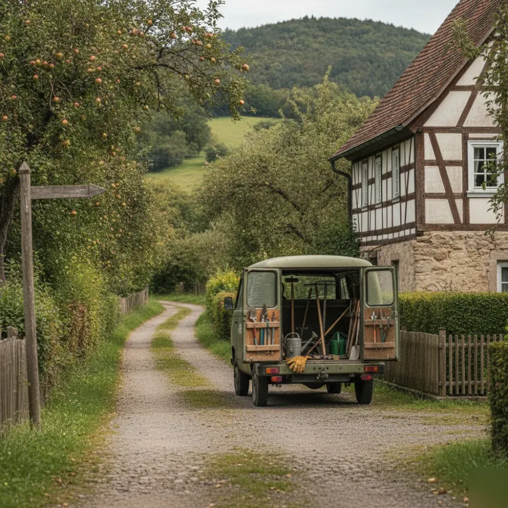 Anfahrt des Gartenbauers zu einem Anwesen nahe Pfahlbronn bei Welzheim